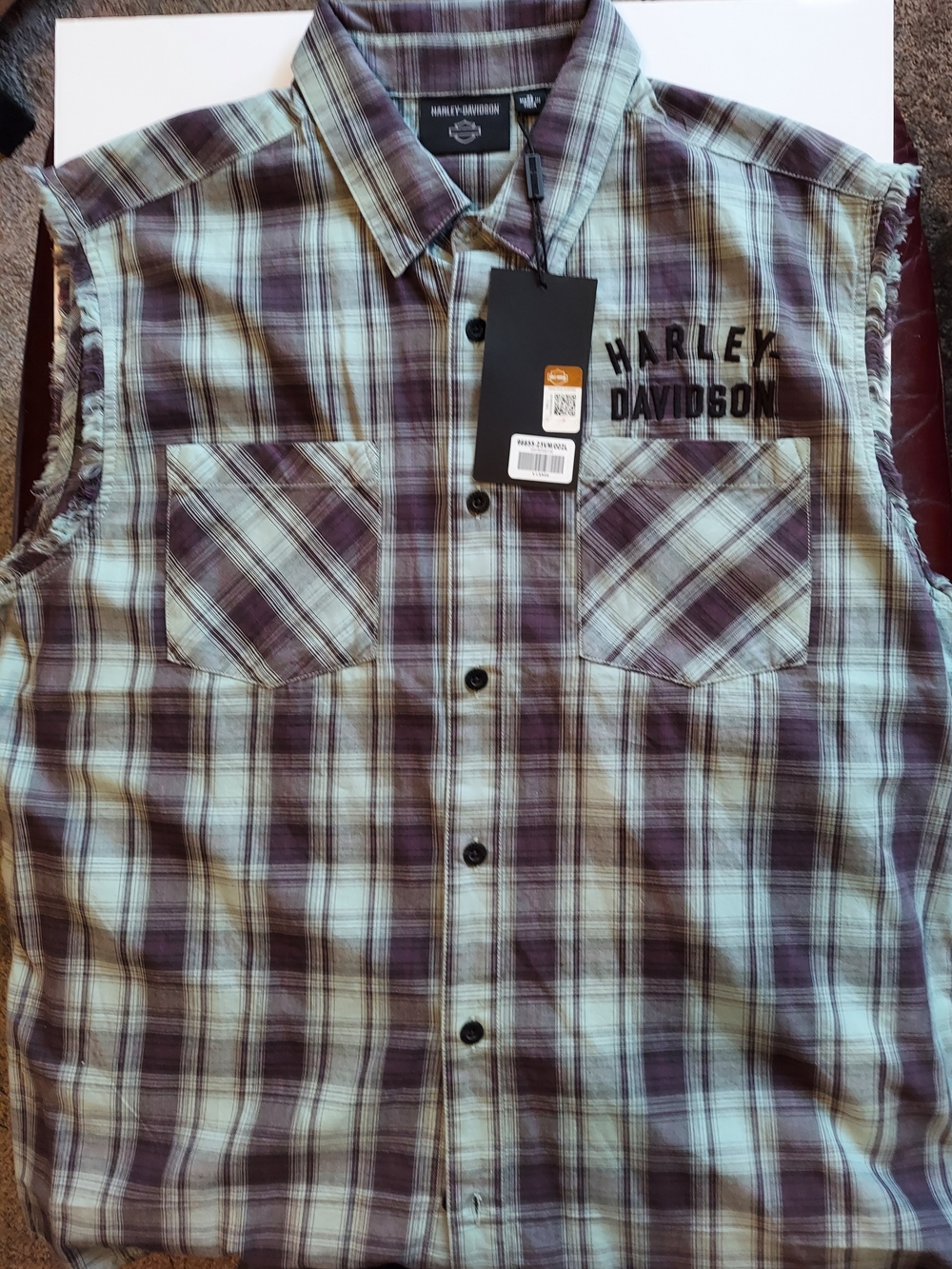 Harley-Davidson Men’s Purple and White Plaid Sleeveless Button-Up Shirt